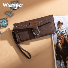 WG195-W055  Wrangler Western  Tri-fold RFID Wallet/Wristlet With Detachable Credit Card Holder -Coffee