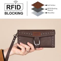 WG195-W055  Wrangler Western  Tri-fold RFID Wallet/Wristlet With Detachable Credit Card Holder -Coffee