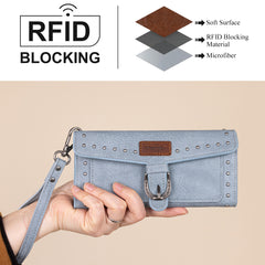 WG195-W055  Wrangler Western  Tri-fold RFID Wallet/Wristlet With Detachable Credit Card Holder -Jean