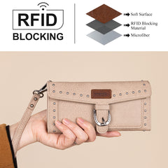 WG195-W055  Wrangler Western  Tri-fold RFID Wallet/Wristlet With Detachable Credit Card Holder -Khaki