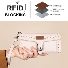 WG195-W055  Wrangler Western  Tri-fold RFID Wallet/Wristlet With Detachable Credit Card Holder -Tan