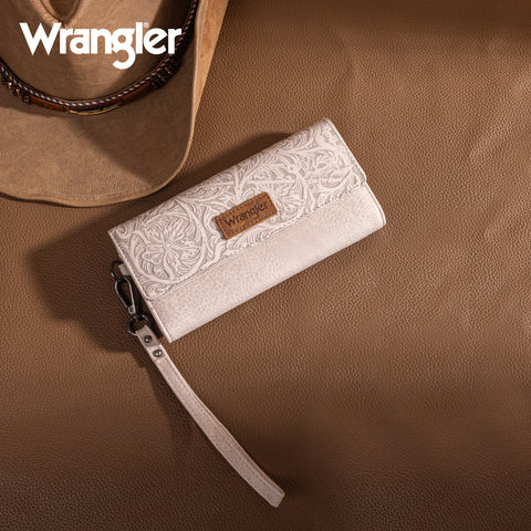 WG196-W056  Wrangler Western Floral Tooled Tri-fold RFID Wallet/Wristlet - Beige