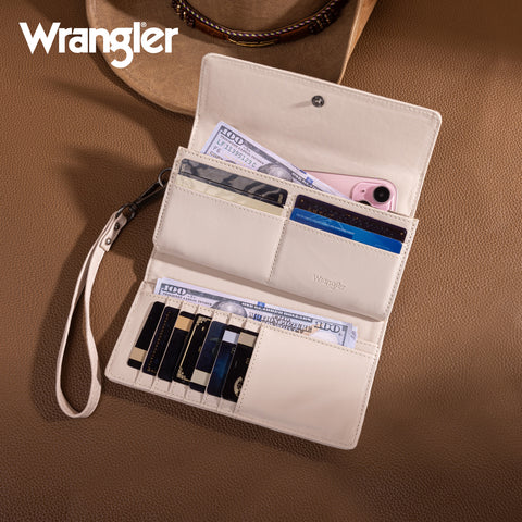 WG196-W056  Wrangler Western Floral Tooled Tri-fold RFID Wallet/Wristlet - Beige