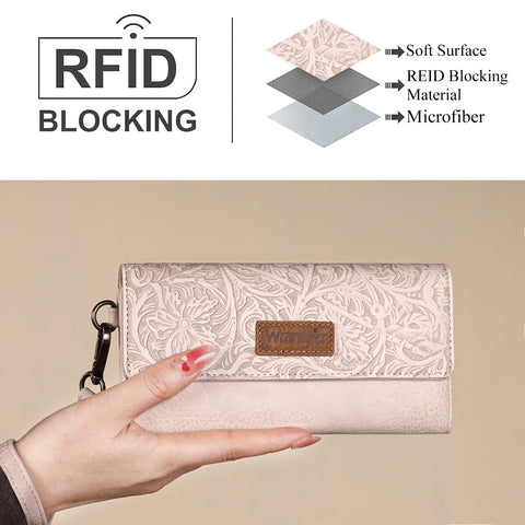 WG196-W056  Wrangler Western Floral Tooled Tri-fold RFID Wallet/Wristlet - Beige