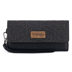 WG196-W056  Wrangler Western Floral Tooled Tri-fold RFID Wallet/Wristlet - Black