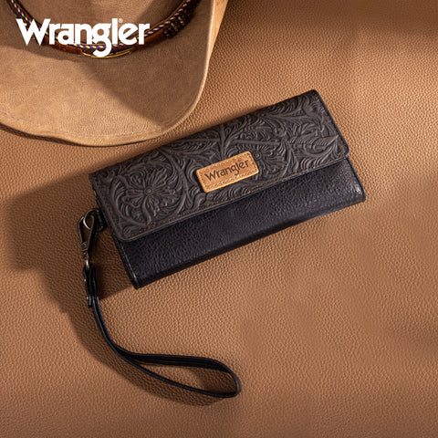 WG196-W056  Wrangler Western Floral Tooled Tri-fold RFID Wallet/Wristlet - Black