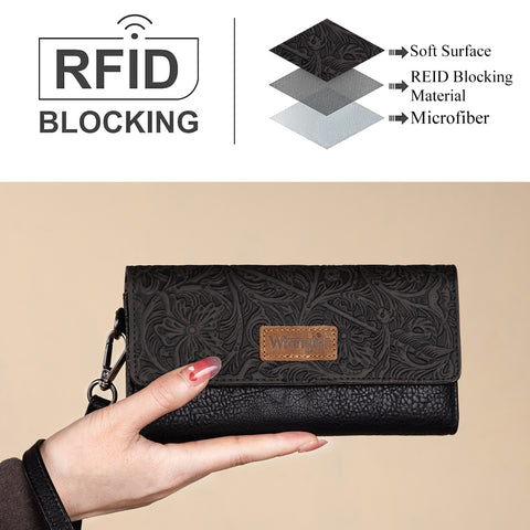 WG196-W056  Wrangler Western Floral Tooled Tri-fold RFID Wallet/Wristlet - Black