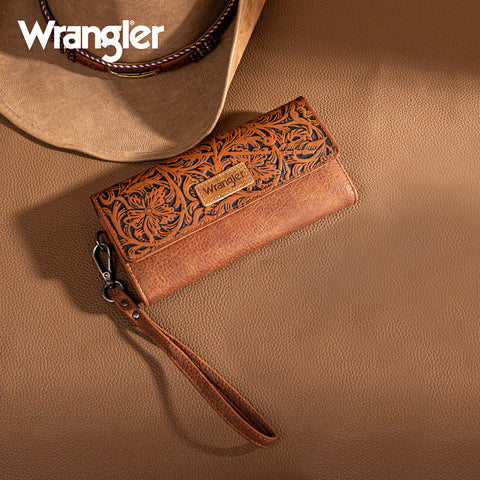 WG196-W056  Wrangler Western Floral Tooled Tri-fold RFID Wallet/Wristlet - Brown