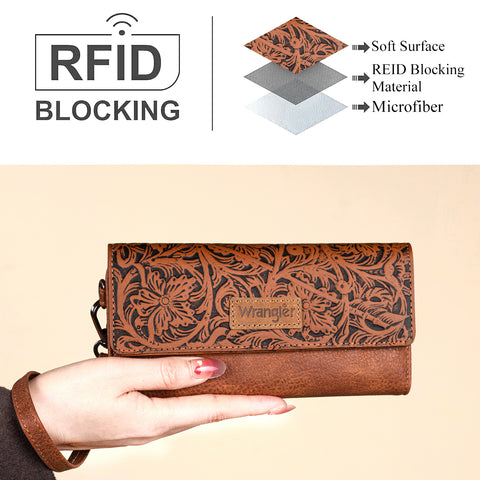 WG196-W056  Wrangler Western Floral Tooled Tri-fold RFID Wallet/Wristlet - Brown