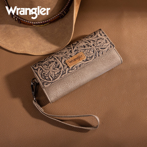WG196-W056  Wrangler Western Floral Tooled Tri-fold RFID Wallet/Wristlet - Lime