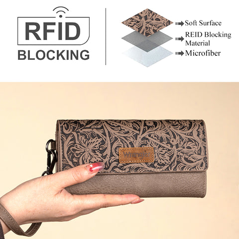 WG196-W056  Wrangler Western Floral Tooled Tri-fold RFID Wallet/Wristlet - Lime