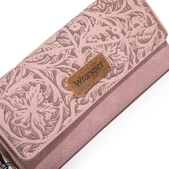 WG196-W056  Wrangler Western Floral Tooled Tri-fold RFID Wallet/Wristlet - Pink