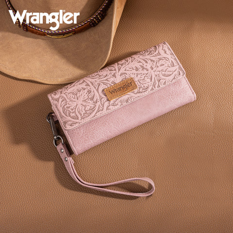 WG196-W056  Wrangler Western Floral Tooled Tri-fold RFID Wallet/Wristlet - Pink
