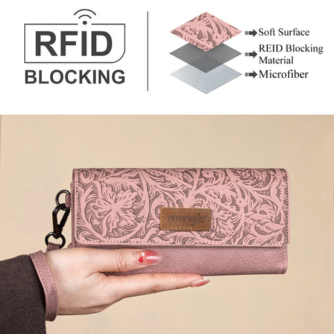 WG196-W056  Wrangler Western Floral Tooled Tri-fold RFID Wallet/Wristlet - Pink