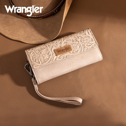 WG196-W056  Wrangler Western Floral Tooled Tri-fold RFID Wallet/Wristlet - Tan