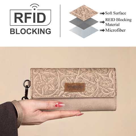 WG196-W056  Wrangler Western Floral Tooled Tri-fold RFID Wallet/Wristlet - Tan