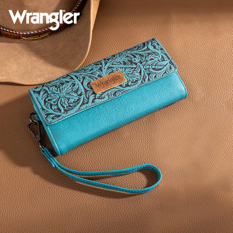 WG196-W056  Wrangler Western Floral Tooled Tri-fold RFID Wallet/Wristlet - Turquoise