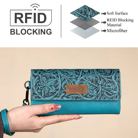 WG196-W056  Wrangler Western Floral Tooled Tri-fold RFID Wallet/Wristlet - Turquoise