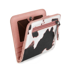 WG202-W058  Wrangler  Cow-Print Small BI-Fold Wallet RFID Card Holder - Cow-Pink