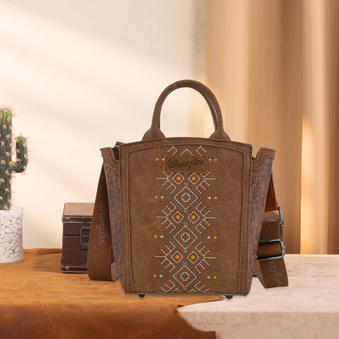 WG211-8014  Wrangler Aztec Embroidered Floral Embossed Tote/Crossbody - Brown