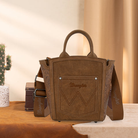 WG211-8014  Wrangler Aztec Embroidered Floral Embossed Tote/Crossbody - Brown