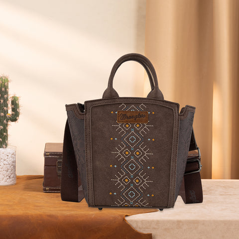 WG211-8014  Wrangler Aztec Embroidered Floral Embossed Tote/Crossbody - Coffee