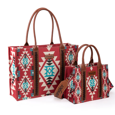 WG2203-1920 Wrangler Southwestern Print Large Tote & Small Canvas Tote/Crossbody (2Pcs Set)- Burgundy