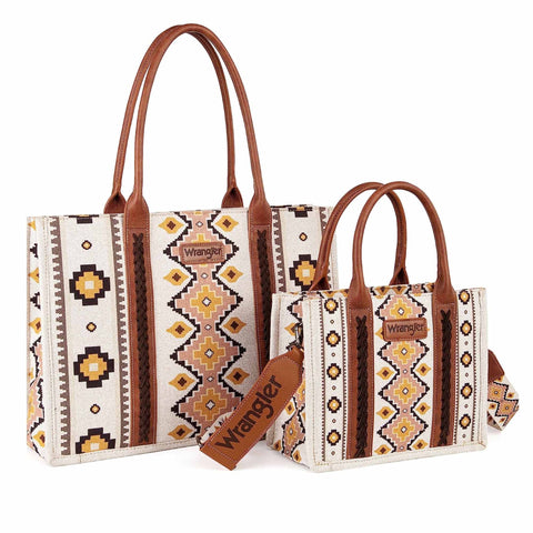 WG2202-1920S Wrangler Southwestern Print Large Tote & Small Canvas Tote/Crossbody  (2PCS Set)- Coffee