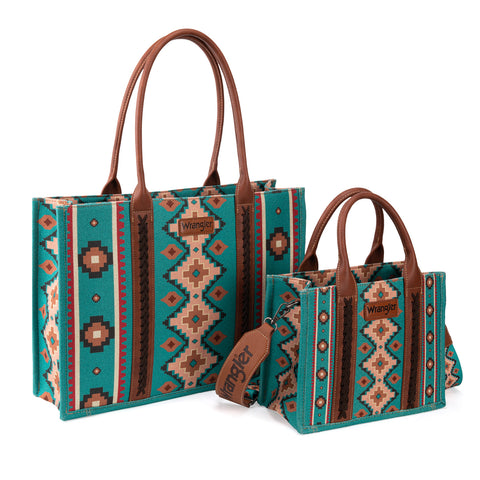 WG2203-1920 Wrangler Southwestern Print Large Tote & Small Canvas Tote/Crossbody (2Pcs Set) - Turquoise