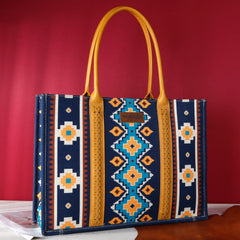 WG2203-8119 Wrangler Southwestern Pattern Dual Sided Print Canvas Wide Tote  Mustard