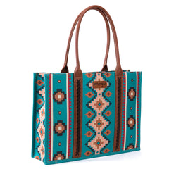 WG2203-8119 Wrangler Southwestern Pattern Dual Sided Print Canvas Wide Tote Dark Turquoise