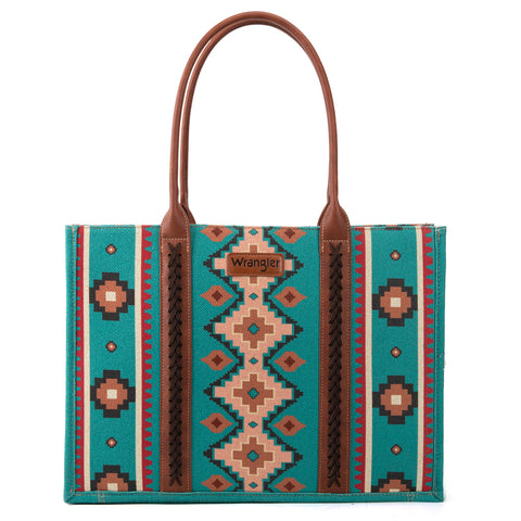 WG2203-8119 Wrangler Southwestern Pattern Dual Sided Print Canvas Wide Tote Turquoise
