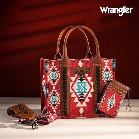 WG2203-8120SW  Wrangler Aztec Small Tote/Crossbody and Card Case Set 2Pc- Burgundy