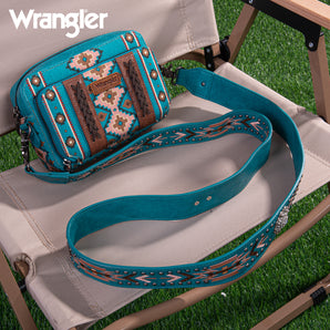 WG2207-3003 Wrangler Aztec Printed Crossbody Purse With Wallet Compartment - Turquoise