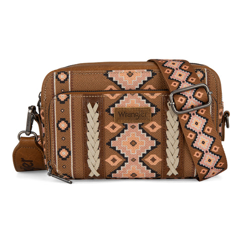 WG2207-3005  Wrangler Southwestern Pattern Dual Sided Print Crossbody Purse With Wallet Compartment - Brown