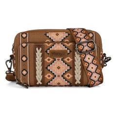 WG2207-3005  Wrangler Southwestern Pattern Dual Sided Print Crossbody Purse With Wallet Compartment - Brown