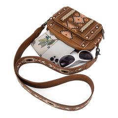 WG2207-3005  Wrangler Southwestern Pattern Dual Sided Print Crossbody Purse With Wallet Compartment - Brown