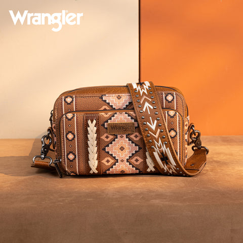 WG2207-3005  Wrangler Southwestern Pattern Dual Sided Print Crossbody Purse With Wallet Compartment - Brown