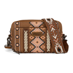 WG2207-3005  Wrangler Southwestern Pattern Dual Sided Print Crossbody Purse With Wallet Compartment - Brown