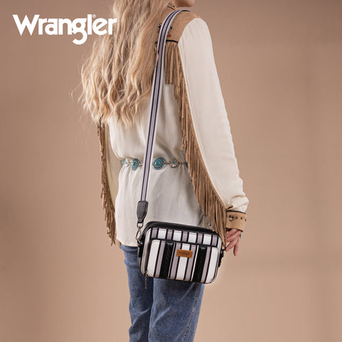 WG2207-3006  Wrangler Stripe Printed Crossbody Purse With Wallet Compartment - Black