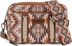 PRE-ORDER WG2207-3007  Wrangler Southwestern Pattern Dual Sided Print Crossbody Purse With Wallet Compartment -Brown (ONLINE ONLY)
