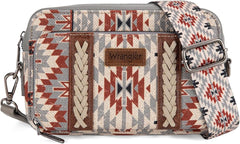 PRE-ORDER WG2207-3007  Wrangler Southwestern Pattern Dual Sided Print Crossbody Purse With Wallet Compartment - Grey (ONLINE ONLY)