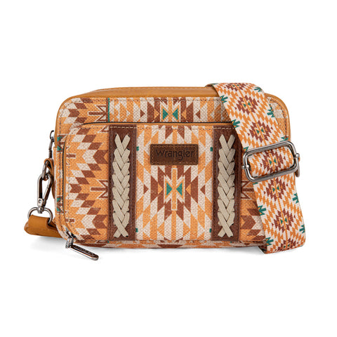 PRE-ORDER WG2207-3007  Wrangler Southwestern Pattern Dual Sided Print Crossbody Purse With Wallet Compartment -Yellow (ONLINE ONLY)