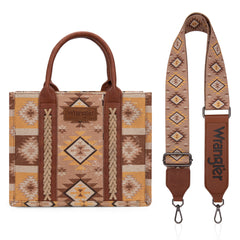 WG2209-8120S  Wrangler Aztec Pattern Dual Sided Print -Tote/Crossbody - Light Brown