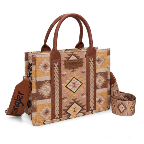WG2209-8120S  Wrangler Aztec Pattern Dual Sided Print -Tote/Crossbody - Light Brown