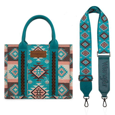 WG2209-8120S  Wrangler Aztec Pattern Dual Sided Print -Tote/Crossbody -Turquoise