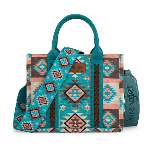 WG2209-8120S  Wrangler Aztec Pattern Dual Sided Print -Tote/Crossbody -Turquoise
