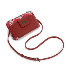WG221-183  Wrangler Aztec Distressed Print Dual Sided Print Phone Wallet Crossbody-Burgundy