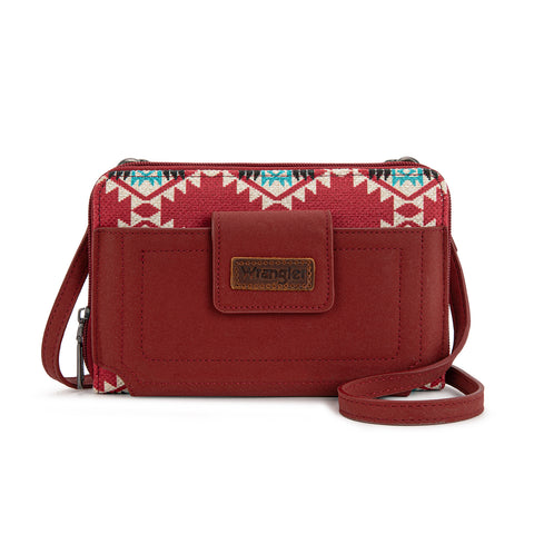 WG221-183  Wrangler Aztec Distressed Print Dual Sided Print Phone Wallet Crossbody-Burgundy
