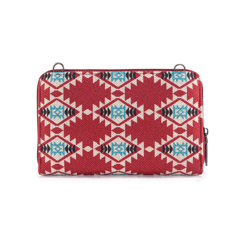 WG221-183  Wrangler Aztec Distressed Print Dual Sided Print Phone Wallet Crossbody-Burgundy